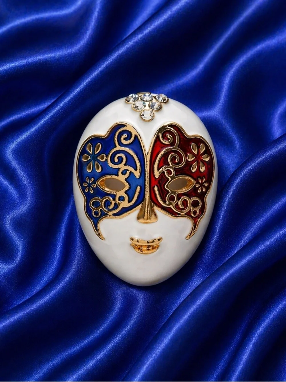 Luxury Venetian Mask Brooch – Red & Blue Enamel Statement Pin